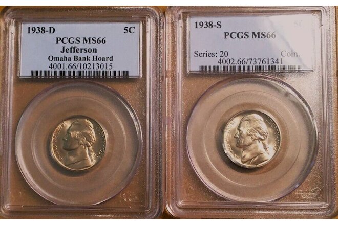 1938 D and 1938 S Jefferson Nickels - Both Coins PCGS MS66 - Flashy 2 Coin Set