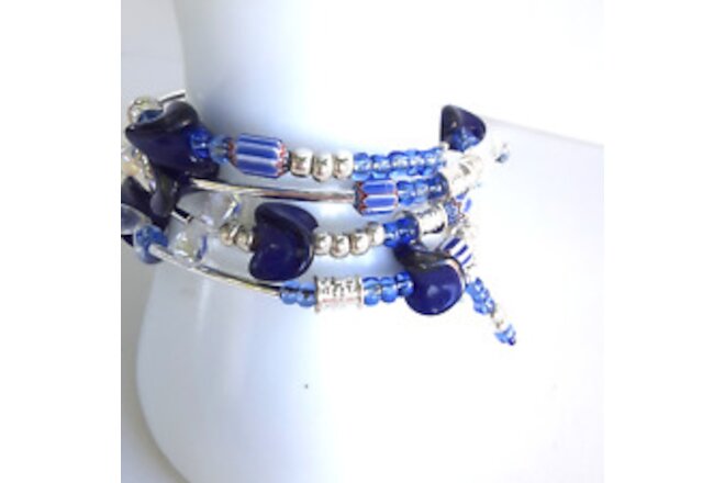 Handmade Pat2 bracelet wrap cane beads tubes blue seed beads
