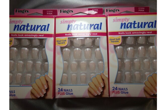 3 Pks. Fing'rs NAILS Pink GLUE ON Short, Simply Natural French Square