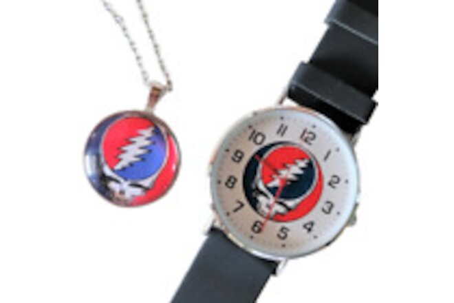 Grateful Dead Collectible Watch & Silver Chain Necklace Set Steal Your Face NWT