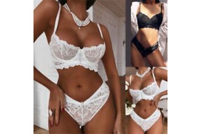 Womens Sexy Ladies Lace See Through Bra Bralet G-String Thong Sets Lingerie US