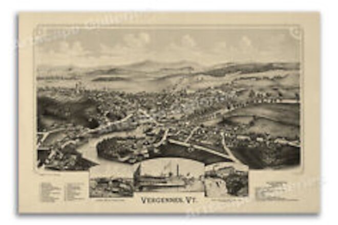 Bird's Eye View 1890 Vergennes Vermont Vintage Style City Map - 16x24