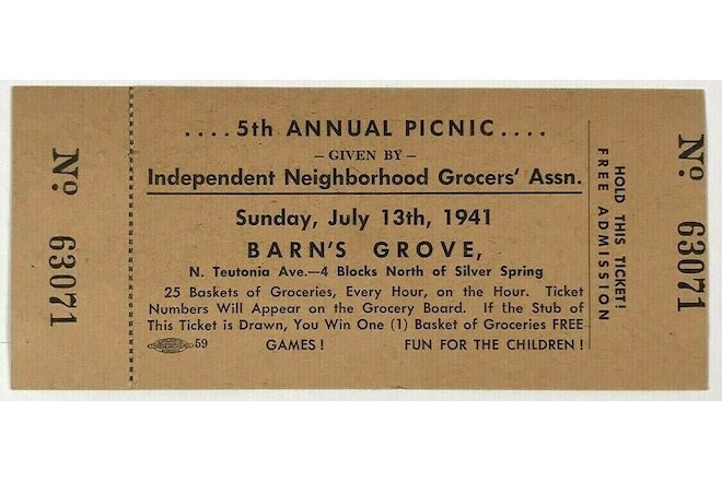 1941 Barn's Grove Annual Picnic Ticket N. Teutonia Ave Milwaukee Wisconsin WI