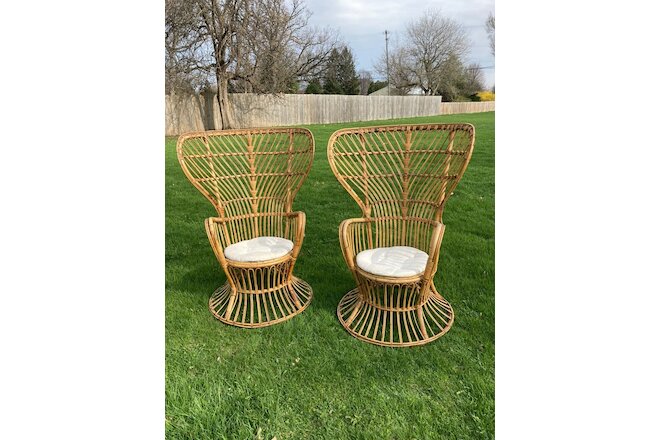 Vintage Pair Rattan Wicker Franco Albini Mid Century Modern Boho Peacock Chairs