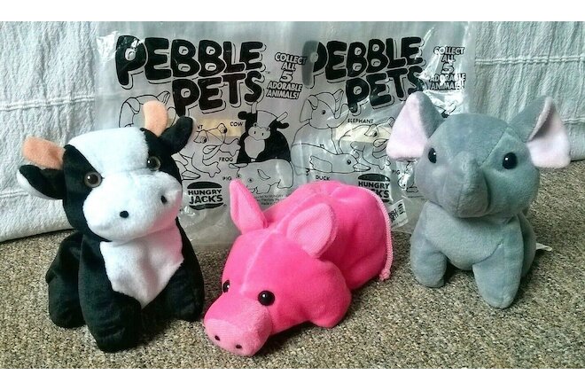 Pebble Pets Lot x 3 Beanie Plush Pig Cow Elephant Imperial Toy 1999 Hungry Jacks