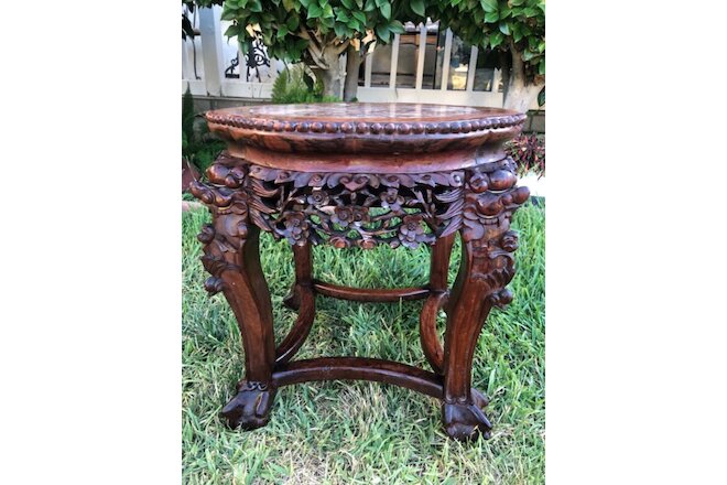 Vintage  Oriental Chinese Carved Wood Marble Top Side Table Plant Stand