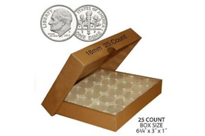 DIME Direct-Fit Airtight 18MM A18 Coin Capsule Holders For DIMES (QTY: 25) w/BOX