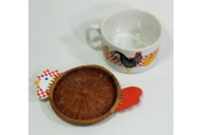 2 Pc Avon Rooster and Hen Soup Mug and Wicker Chicken Shaped Coaster