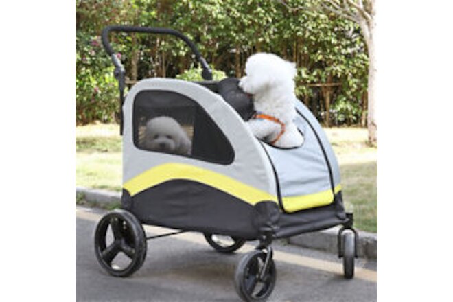 Large Double Seat Dog Stroller Pet Pram Wagon Dividered Travel Pushchair Carrier