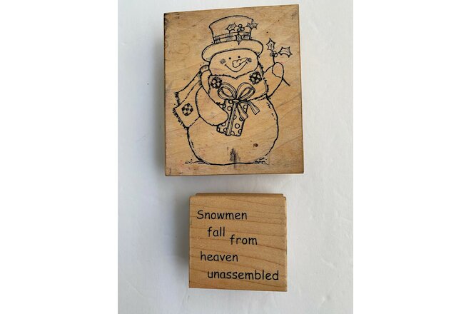 Lot of 2 - Great Impressions Wood Mounted Rubber Stamps Snowman and Saying