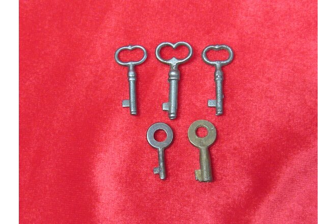 Lot Of 5 Vintage Small Miniature Fancy Ornate Various Barrel Skeleton Keys.