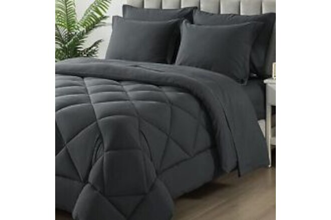 Size Comforter Set, 7 Pieces Bed in a Bag, Bedding Sets with Queen Dark Grey