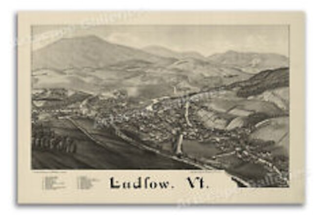 Bird's Eye View 1885 Ludlow Vermont Vintage Style City Map - 16x24