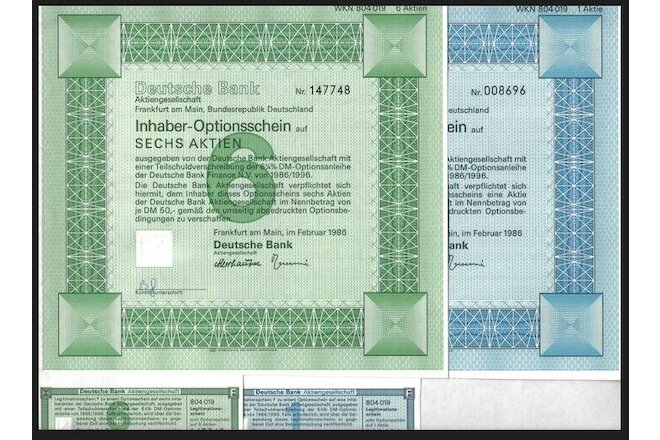 2 RARE UNCANC 1986 DEUTSCHE BANK BONDS w COUPONS! #1 GERMAN BK  ex BANKERS TRUST