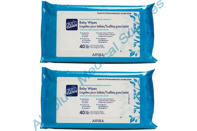 *2-Pack* PDI Nice'N Clean 40 Baby Wipes Unscented Ultra Soft 6.5" x 7.9" Q70040