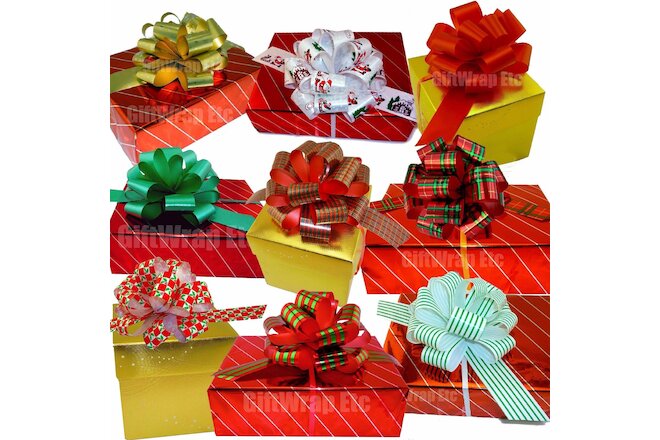 Christmas Gift Pull Bows - 5" Wide, Set of 9, Red, Green, Gold, Stripes, Swirls
