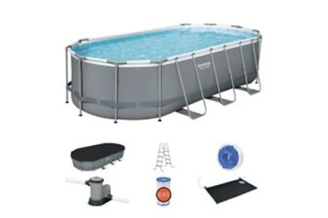 Bestway 561CDE Power Steel 18FT x 9FT x 48IN Oval Above Ground Swimming Pool Set