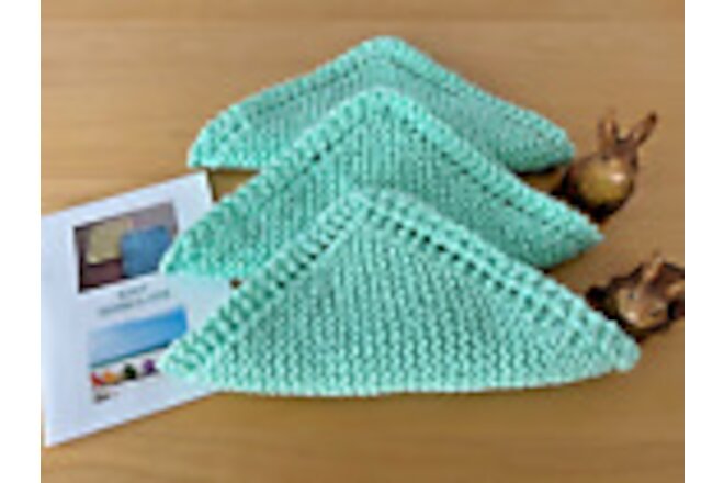 NEW Set of 3- Hand Knit-DISHCLOTHS / WASHCLOTHS w/Knit Directions (Mint Green)