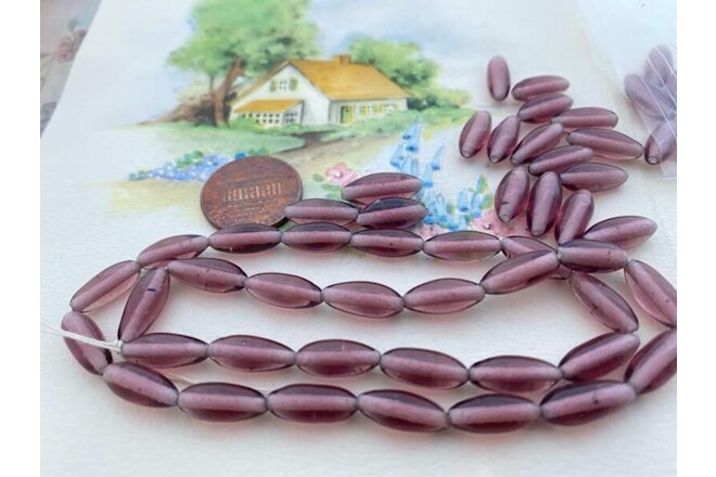 Vintage 5 x 12mm Oblong Translucent Amethyst Glass Rice Beads Japan 30