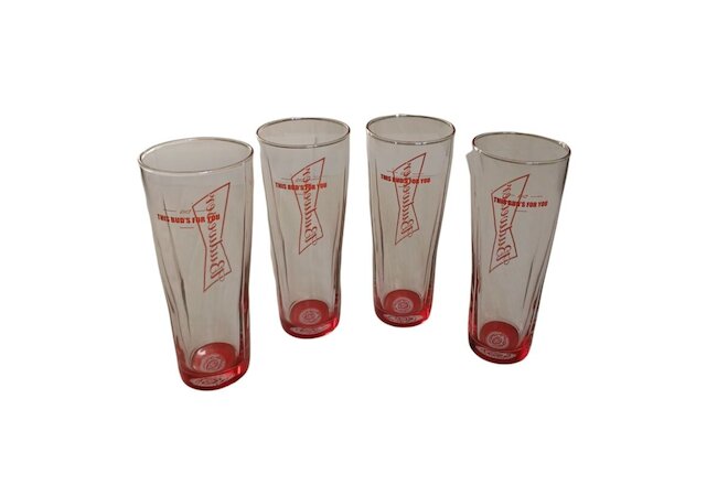 Budweiser Beer Glasses 16oz Tall Red Bottom Signature  *Rare* Lot of 4