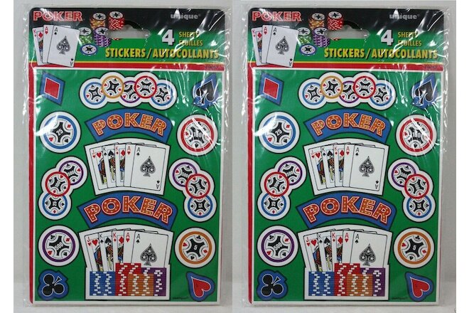 8 sheets of POKER STICKERS gambling gambler party gift TEXAS HOLD EM CHIPS CARDS