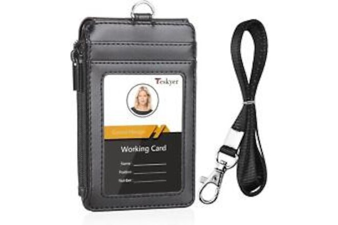 Badge Holder with Side Zip Pocket, Multiple Card Slots Leather Id Holder Wallet