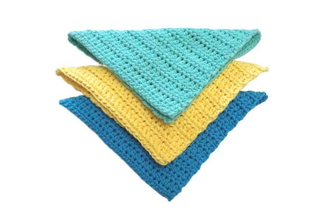 Crocheted Dishcloths, Set of 3 Handmade, Aqua-Yellow-Teal