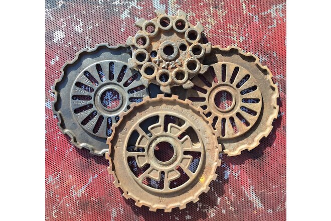 ANTIQUE INDUSTRIAL GEAR LOT, Vtg Ornate Cast Iron Metal Cog Wheel Decor Sprocket