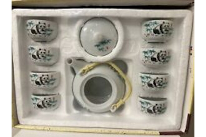 New Chinese Panda Bamboo Tea Set 10 Piece Porcelain Painted Tray Teapot Cups
