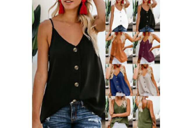 Womens Ladies Summer Vest T Shirt Sleeveless Cami Blouse Button Tops Tee Shirts