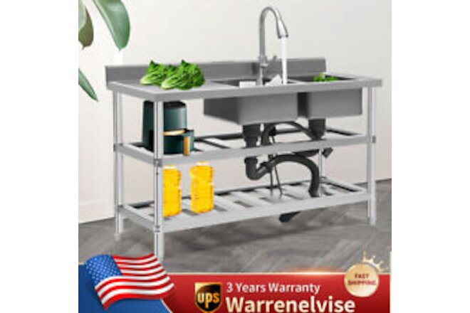 Commercial Kitchen Sink Prep Table w/Faucet Stainless Steel 2 Compartment +Shelf