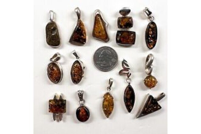 925 Solid Sterling Silver Baltic Amber Clean Shiny Quality Pendants Lot 57 g