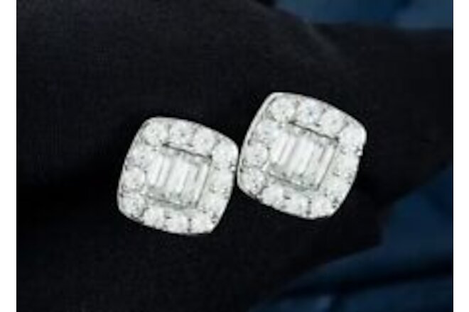 1.20ct Men's Square Halo Stud Earring Real Moissanite White Gold Plated Silver