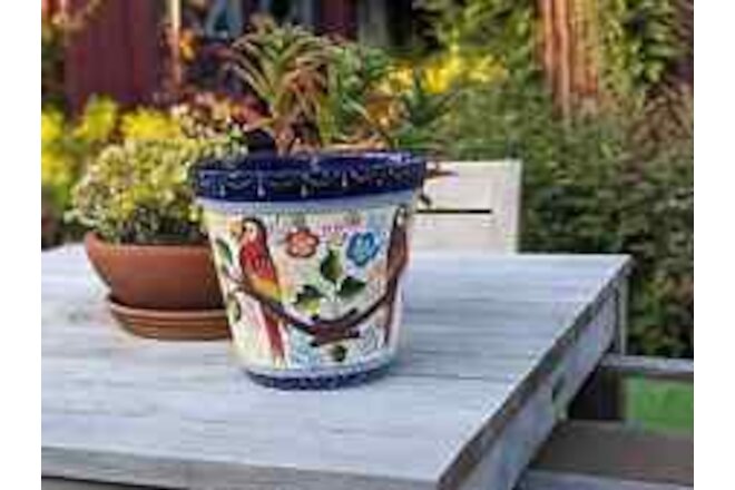 Parrots Flower Pot | 10.5" Round Ceramic Planter is Handmade Talavera Pottery