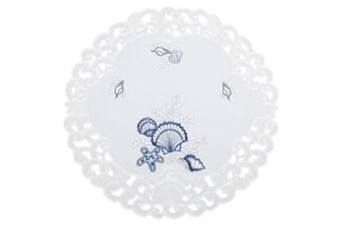 Embroidered Blue Seashell Beach on White Round Doily, Placemat (15 Inch Round)