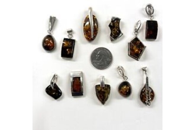 925 Solid Sterling Silver Baltic Amber Clean Shiny Quality Pendants Lot 49 g