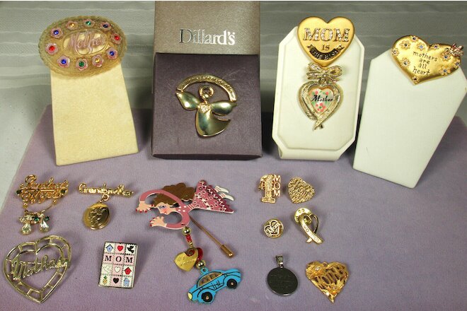 MOTHER GRANDMOTHER Jewelry LOT 16 pieces Hearts Locket Pins Pendants 1920s-Now