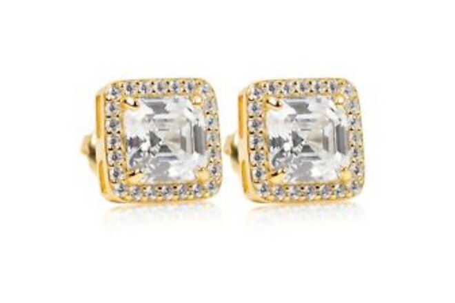 Gold Plated 925 Sterling Silver Iced Asscher Cut Screw Back Stud Earrings