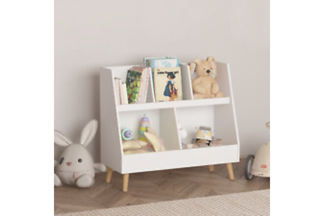 Kids Bookshelf & Toy Organizer, 5 Cubbies, 2-Tier Wooden Storage Display