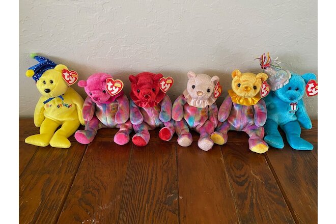 Lot of 6 Ty Beanie Baby 5.5" (sitting) Birthday Bears, Heart and Tush Tags on