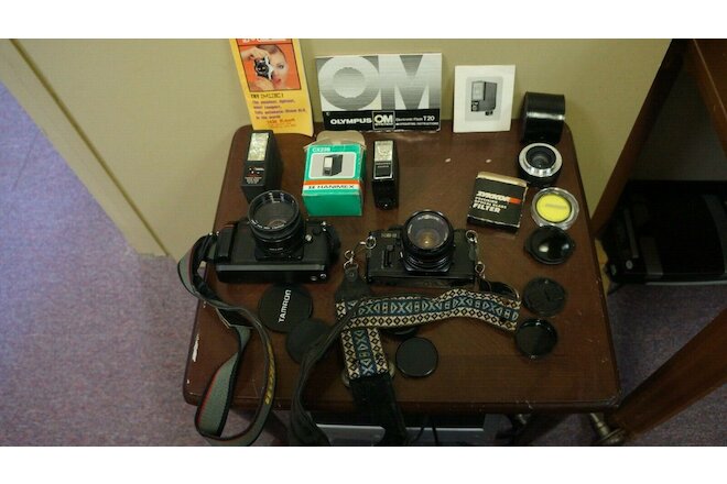 LOT OF 2 35MM CAMERAS WITH LENSES FLASHES FILTER BOOKS UNTESTED USED SOLD AS IS