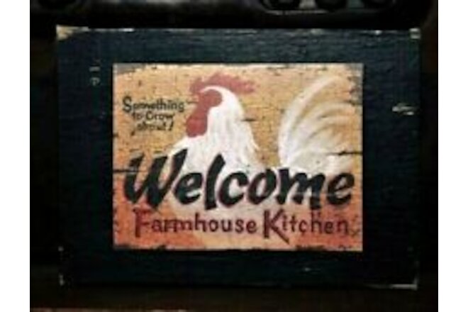 Welcome Kitchen Hen Chicken Primitive Farmhouse Sign Block Shelf Sitter 3.5X4.5