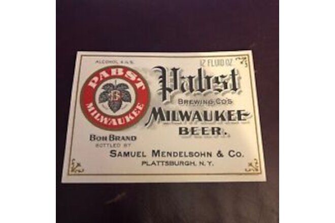 Vintage Pabst Brewing Co's Milwaukee Beer Boh Brand Plattsburgh Mendelsohn Label