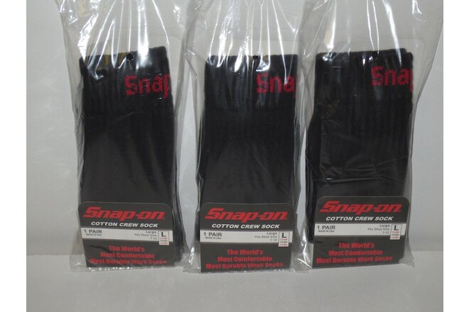 3 PAIRS Men's BLACK Snap-On Crew Socks LARGE ~ FREE SHIPPING ~ MADE IN USA *NEW*