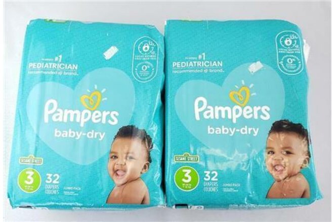 = Lot of 2 Pkgs Pampers Baby Dry Size 3 Diapers 16-28lbs 32 CT Jumbo Pack