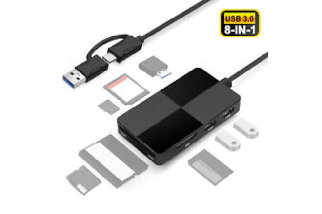 8 in 1 USB 3.0 Hub Memory Card Reader Adapter High Speed for SD CF TF SDHC SDXC