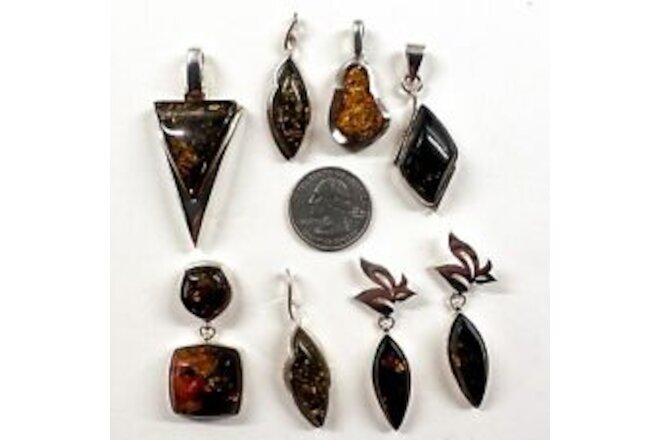 925 Solid Sterling Silver Baltic Amber Clean Shiny Quality Pendants Lot 54 g