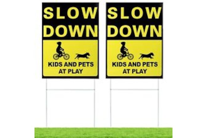 2 Pack Double Sided Slow Down Kids and Pets at Play Yard Signs with Metal Sta...
