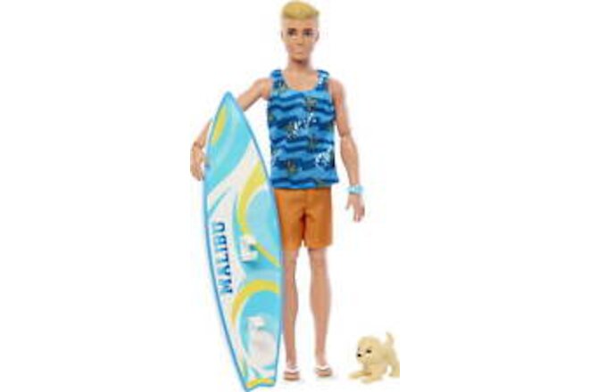 Surfboard, Poseable Blonde Barbie Ken BeacDoll (Assembled product height: 12 in)