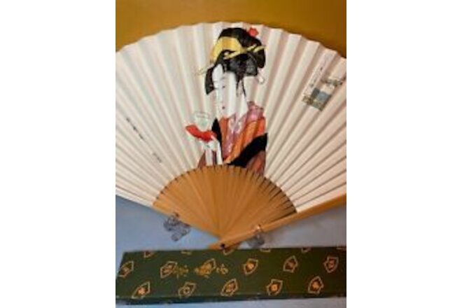 Vintage Chinese Fan Hand Painted Geisha Scenes on Paper & Bamboo 9"L NEW